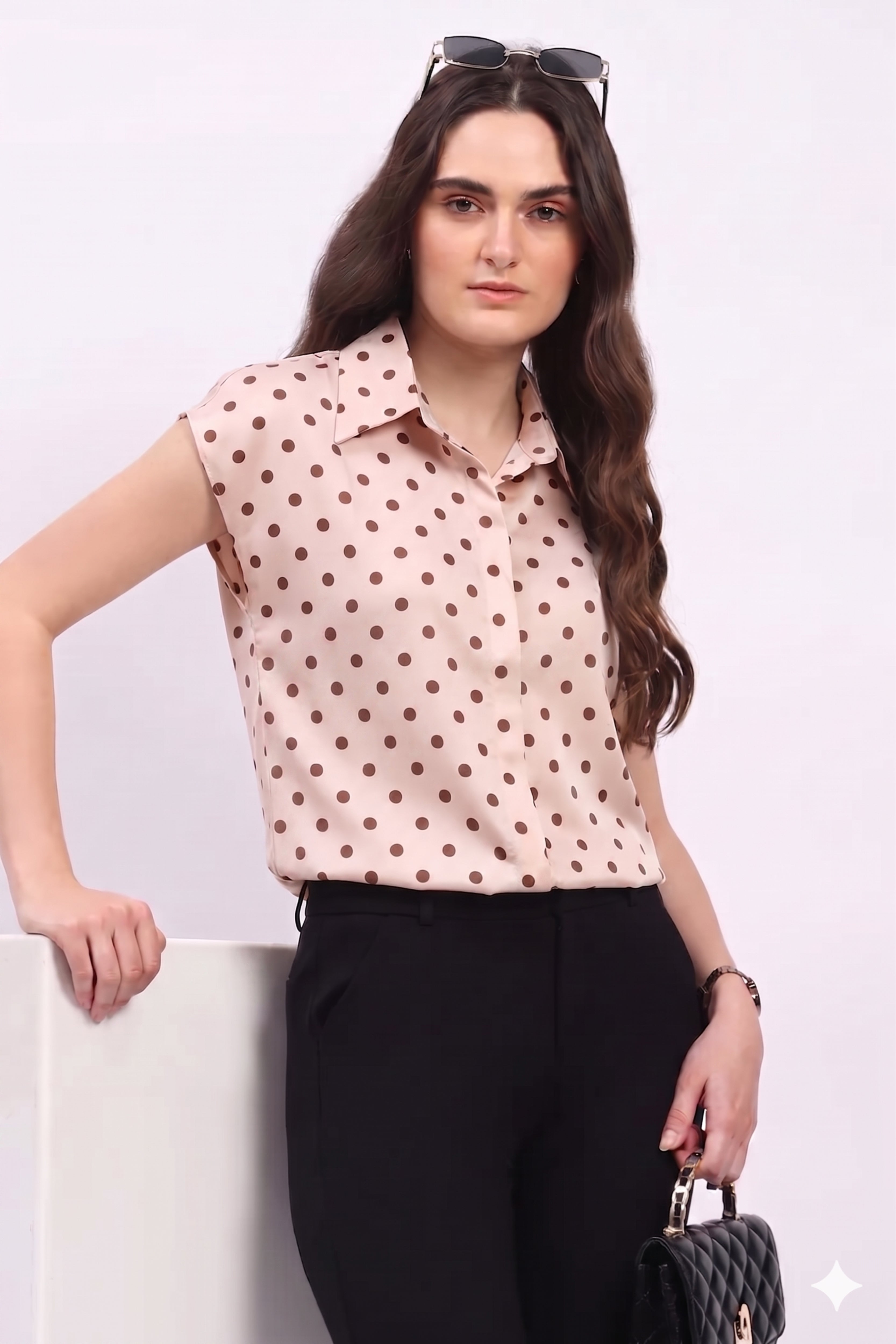 Cream Satin Blend Polka Dot Shirt