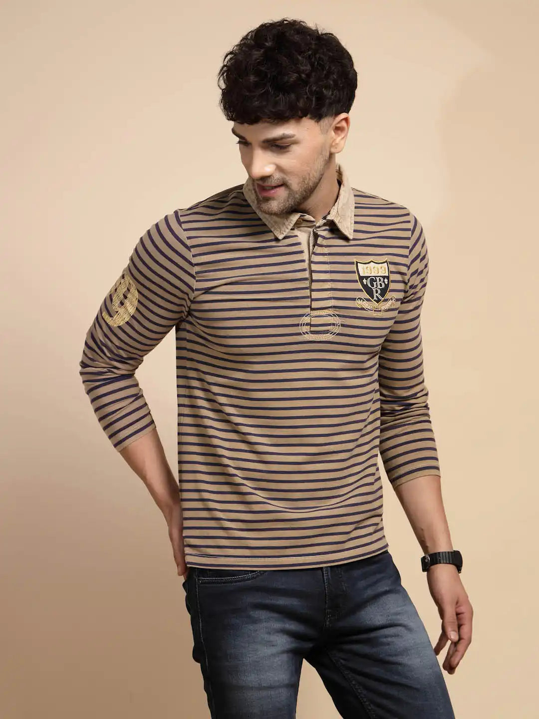 Brown Striped Three Fourth Sleeve T-Shirt - Global Republic