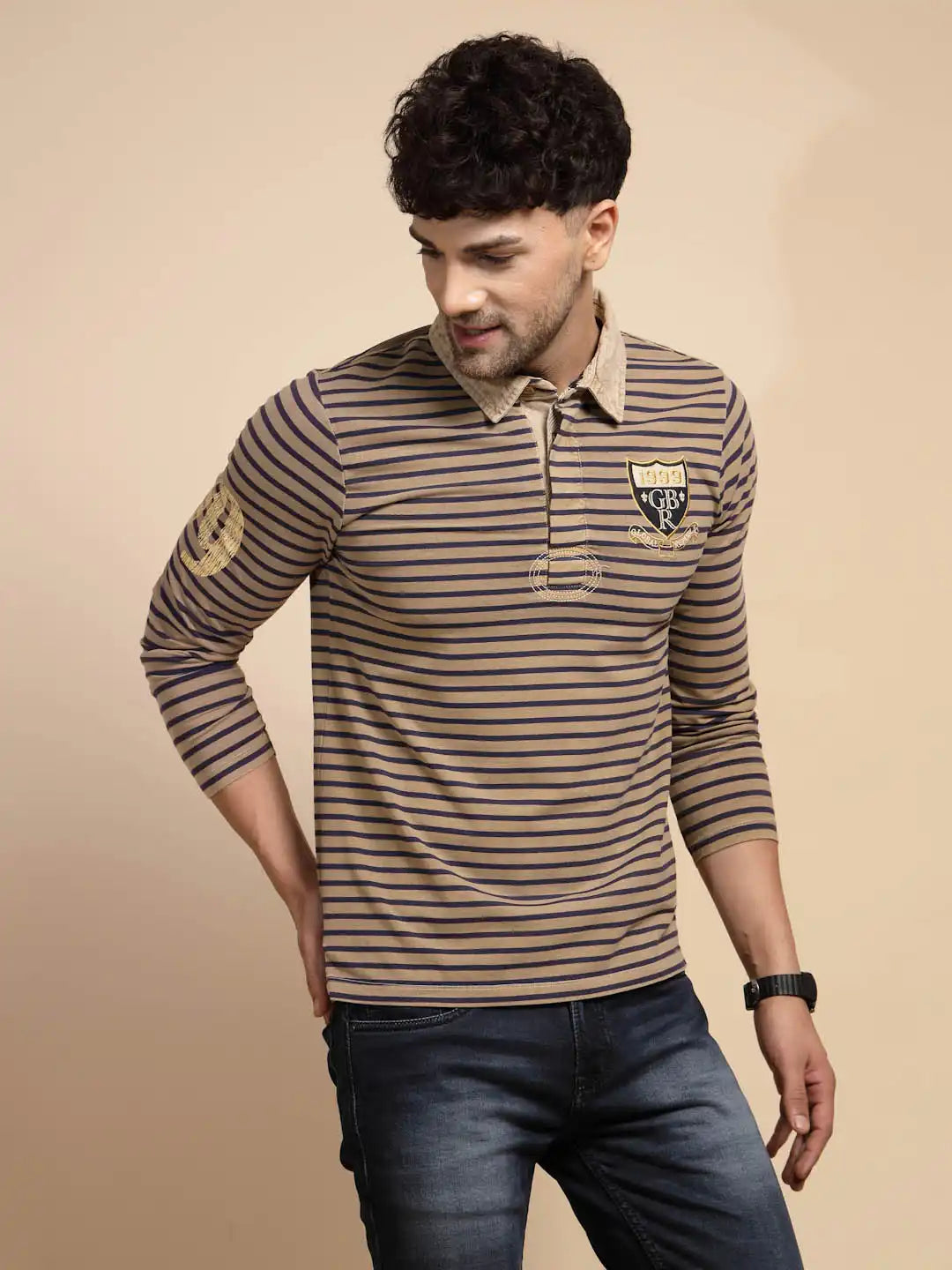 Brown Striped Three Fourth Sleeve Polyester T-Shirt