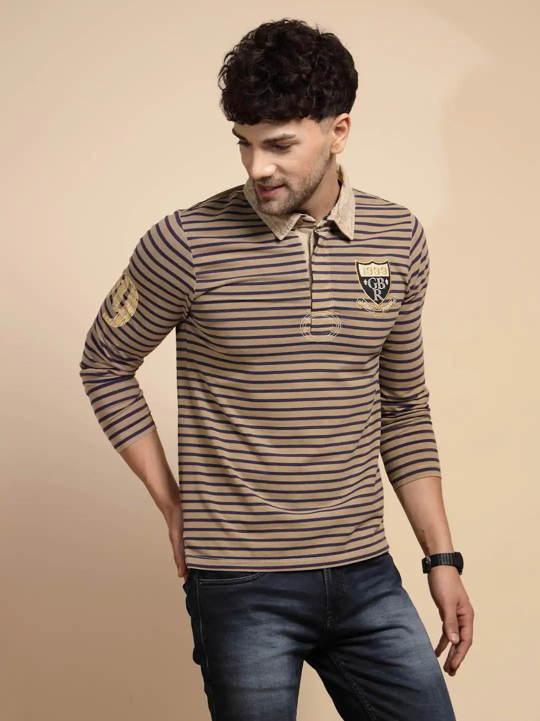 Brown Striped Three Fourth Sleeve T-Shirt