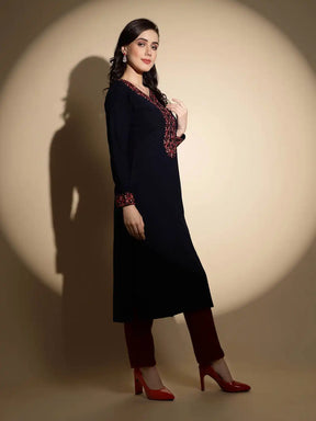 Royal Blue Embroidered Full Sleeves Raglan Cut Crew Neck Woolen Kurta