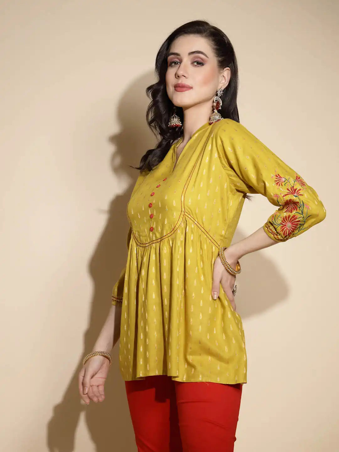 Mustard Embroidered Three Quarter Sleeves Mandarin Collar Tunic - Global Republic