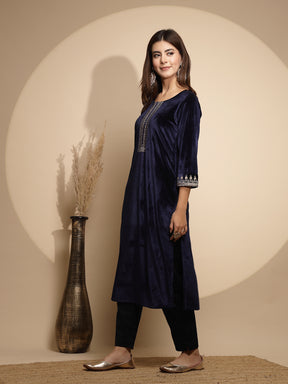 Navy Blue Embellished Full Sleeve Round Neck Velvet Kurta For Women