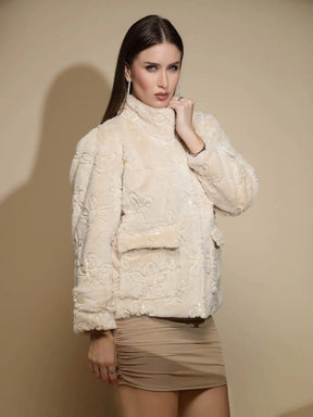 Beige Embossed Woollen Jacket