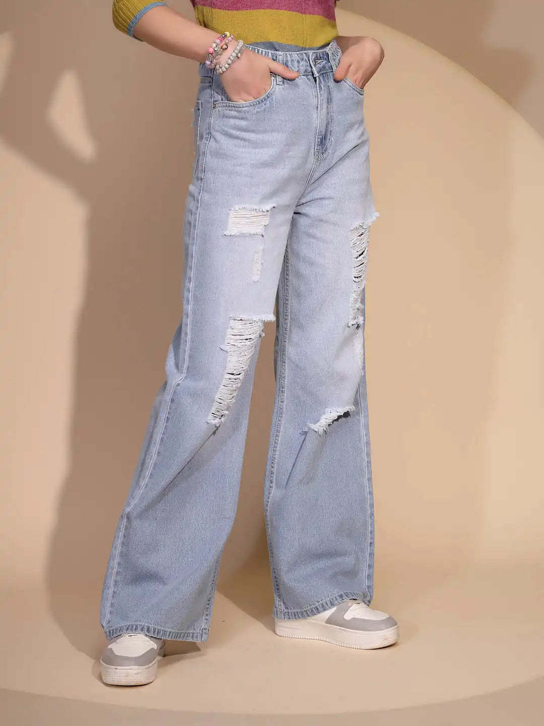 Women's Regular Fit Denim Mid Rise Blue Ripped Jeans