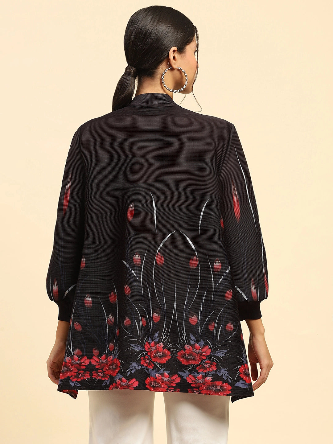 Black Floral Poly Blend Oversized Shirt