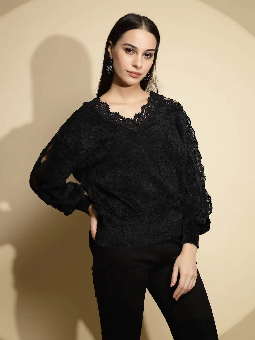 Black Embellished Full Sleeve V-Neck Relaxed Fit Pullover