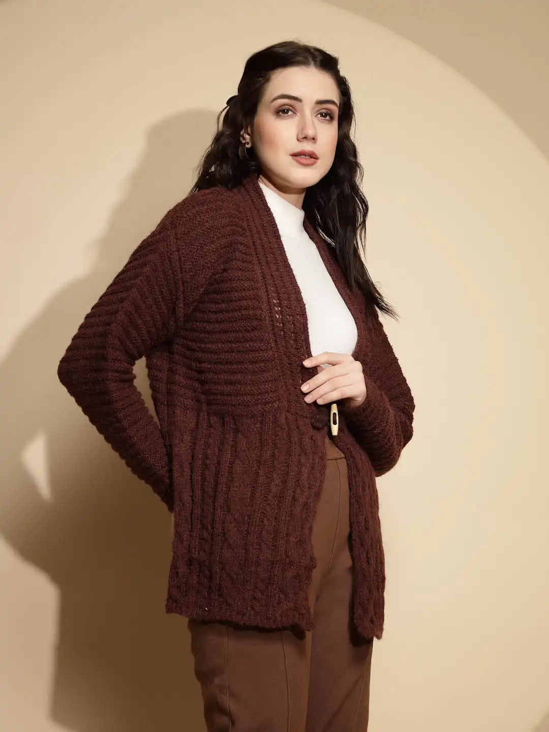 Solid Dark Brown Full Sleeve Open Neck Knitted Cardigan