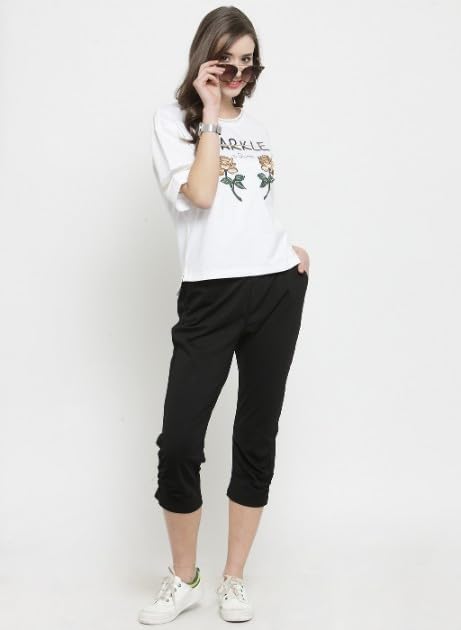Women Tapered Fitted Solid Black Capri - Global Republic