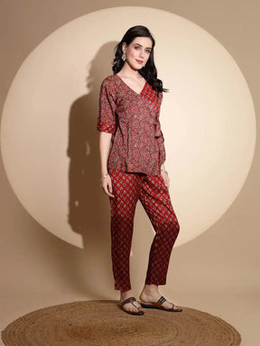 Red Embellished Cotton Tunic Set