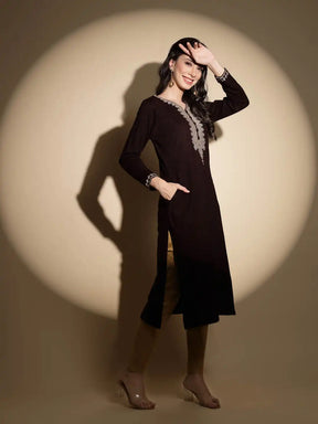 Wine Embroidered Full Sleeve Raglan Cut Crew Neck Woolen Kurta