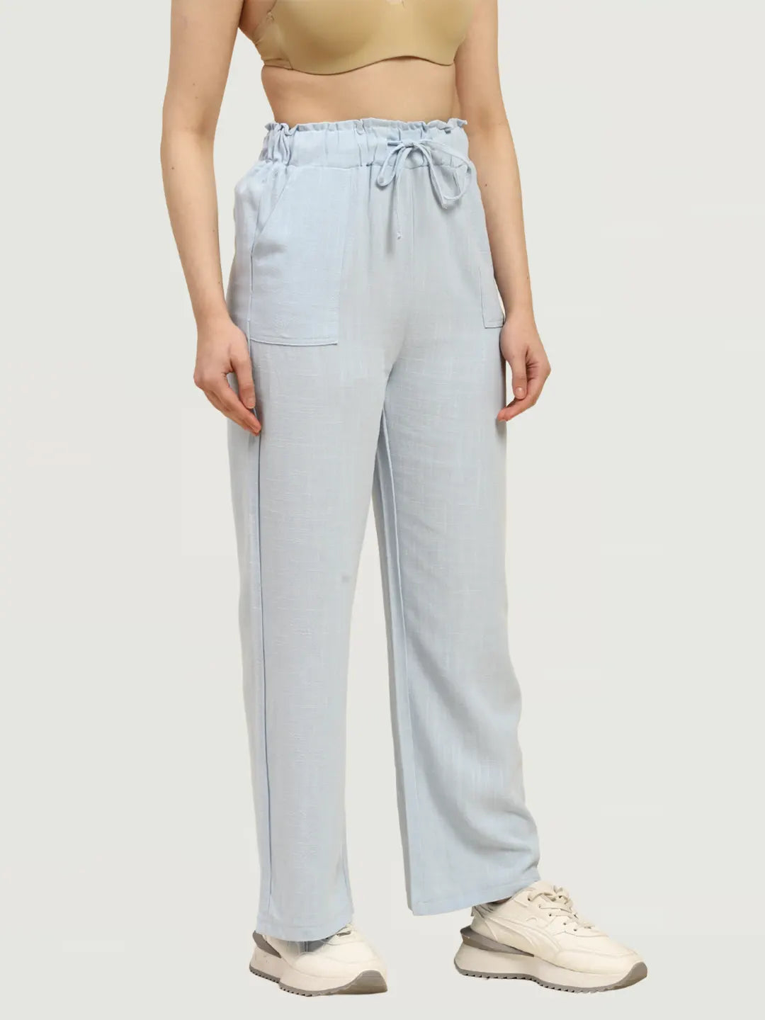 Blue Solid Cotton Linen Relaxed Lower
