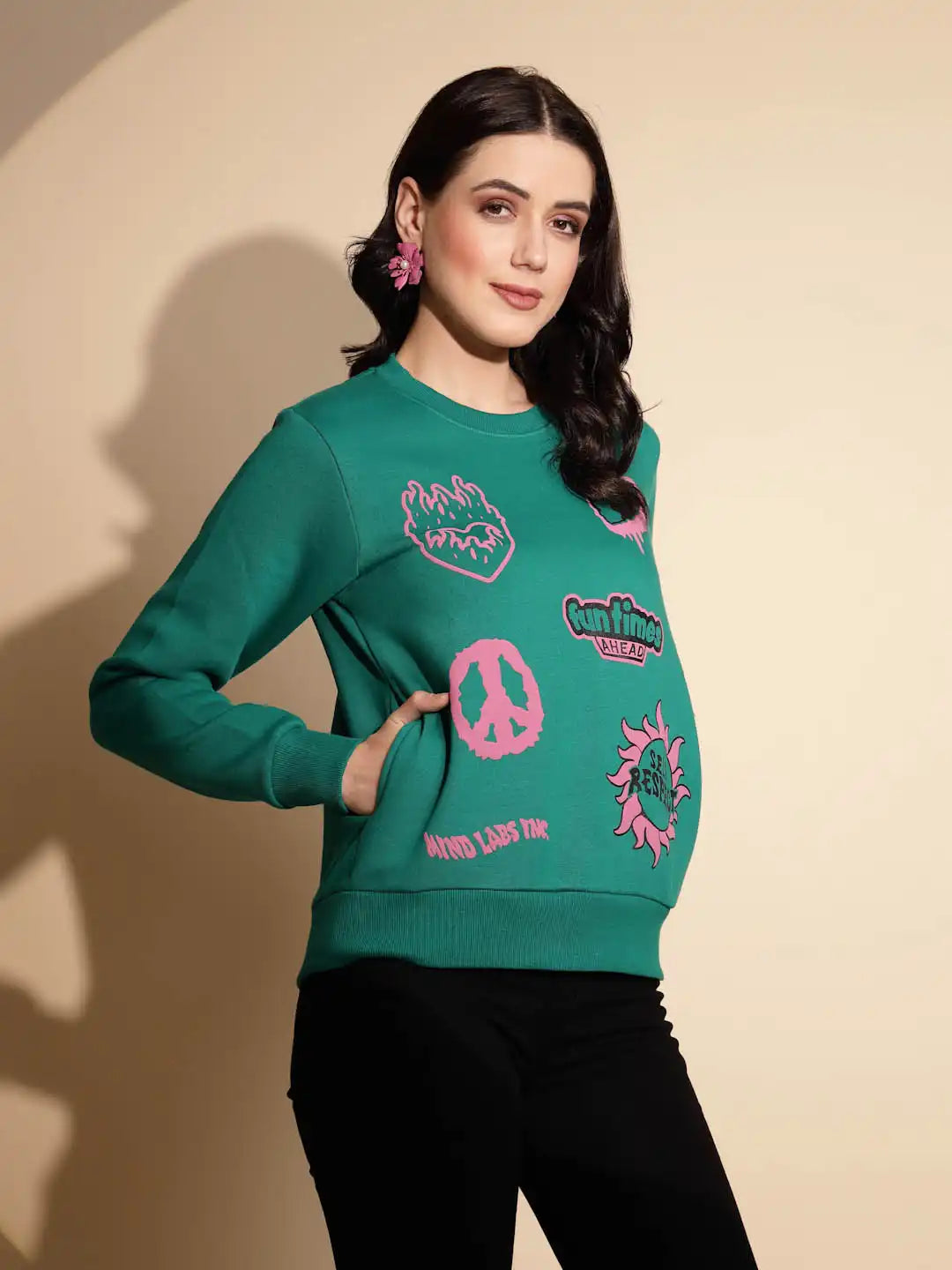 Green Printed Full Sleeve Round Neck Hosiery Sweatshirt