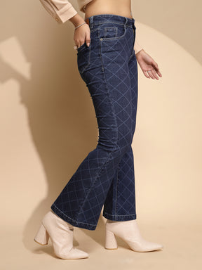 Women Dark Blue Checkerd Cotton Blend Mid Rise Bell Bottom Jeans