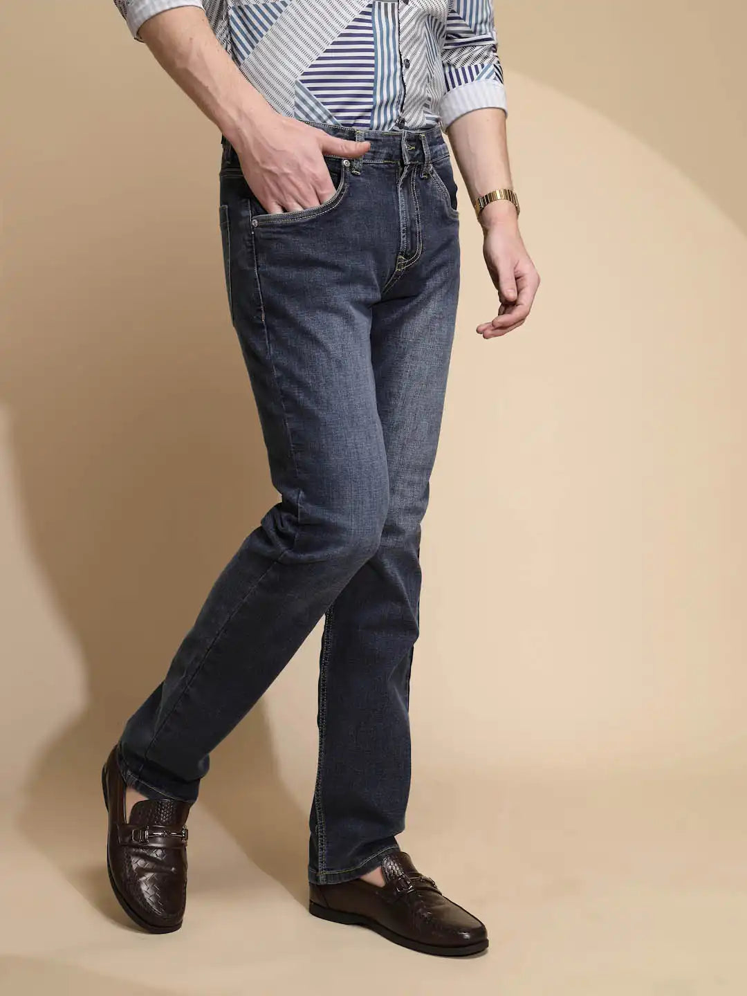Blue Solid Mid Rise Straight Cotton Blend Jeans