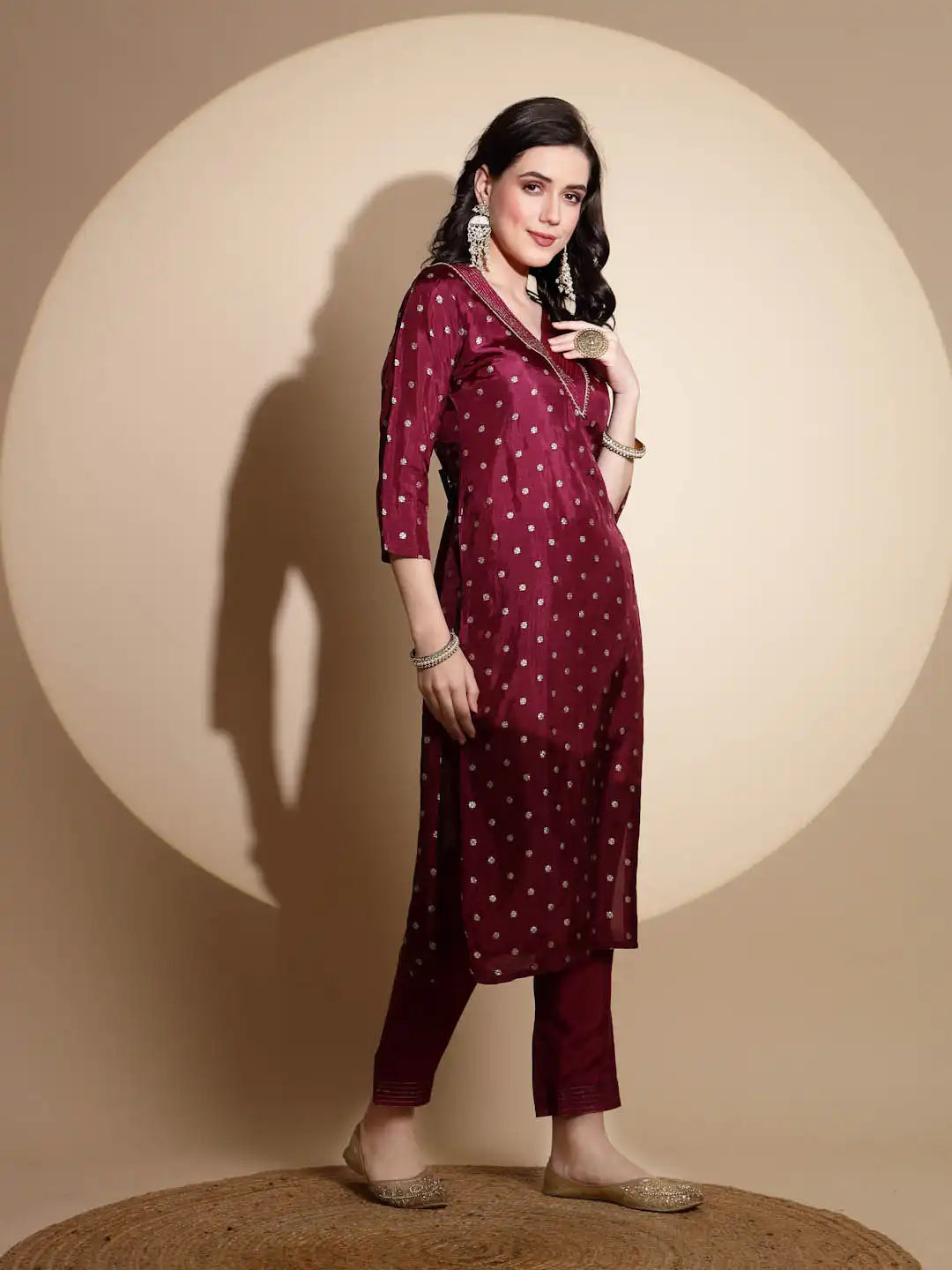 Purple Embellished Three Fourth Sleeve V Neck Kurta Set