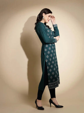 Green Printed Full Sleeve Round With V Neck Woolen Kurta