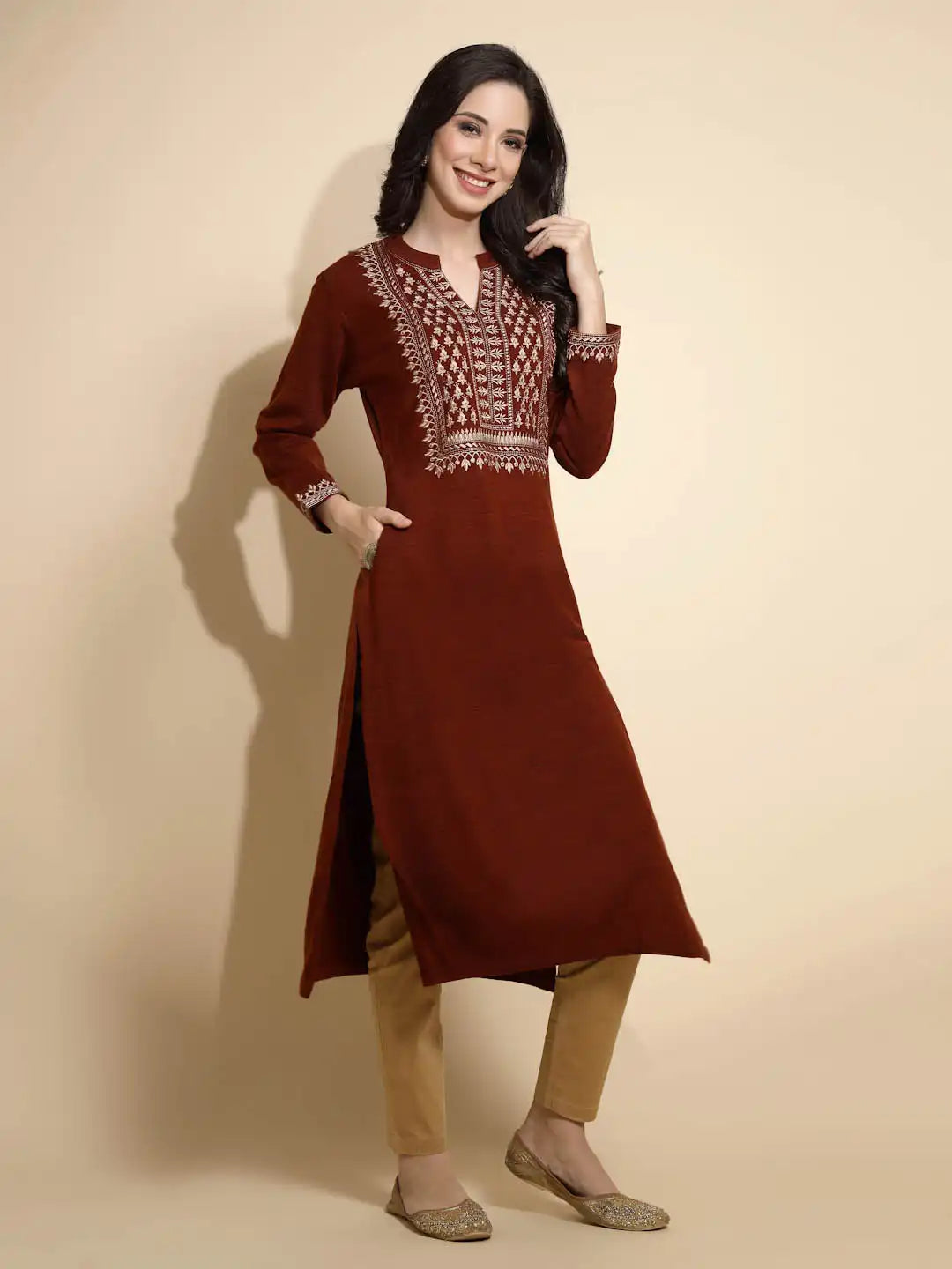 Rust Embroidered Full Sleeve Collared With V-Neck Woolen Kurta - Global Republic