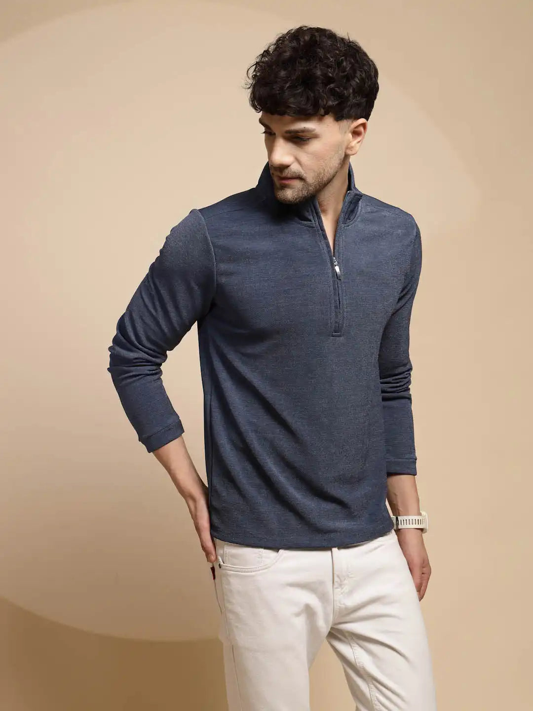 Blue Solid Full Sleeve Collared Neck T-Shirt