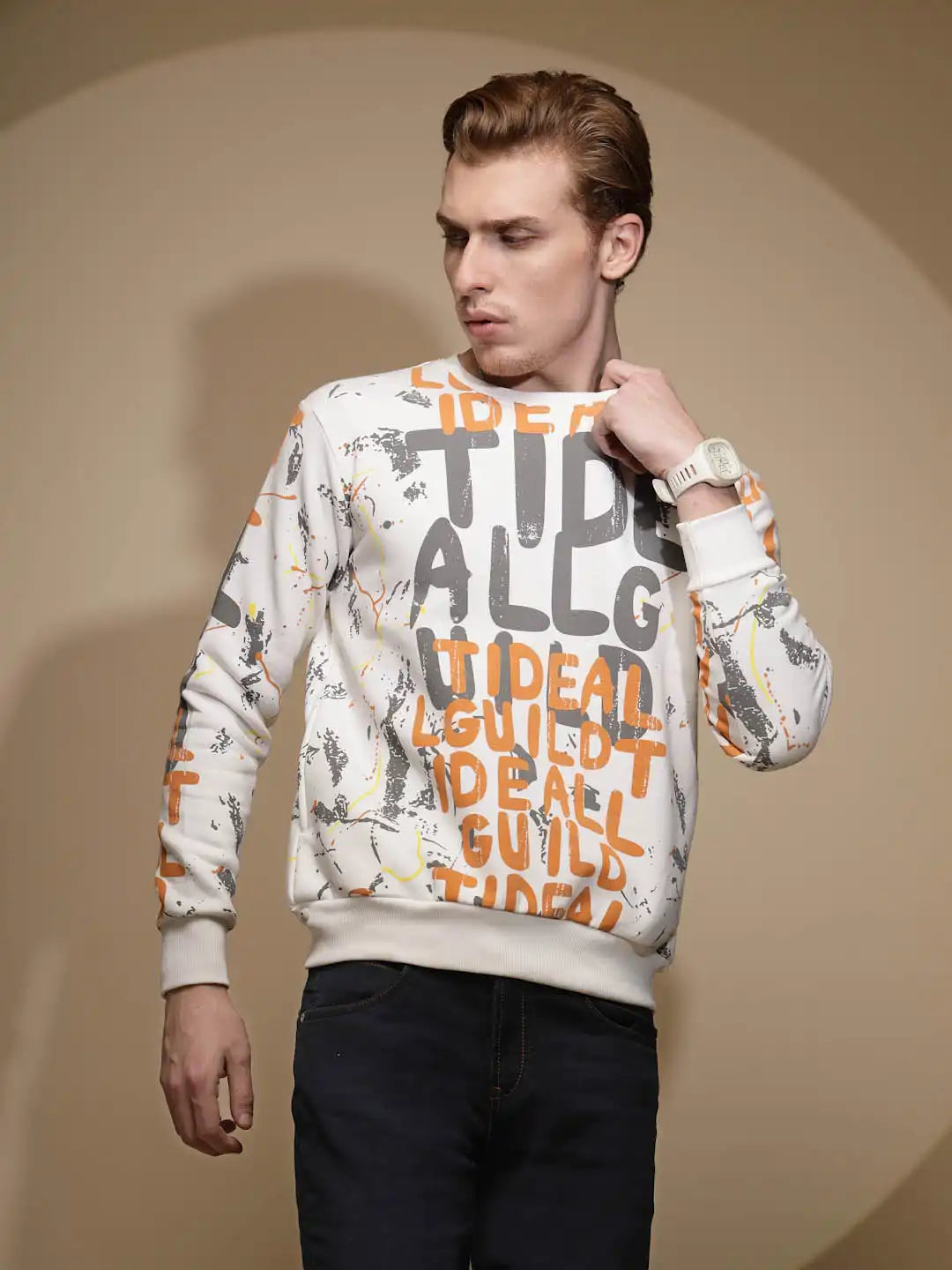 Off White Abstract Print Full Sleeve Round Neck Fleece Sweatshirt - Global Republic