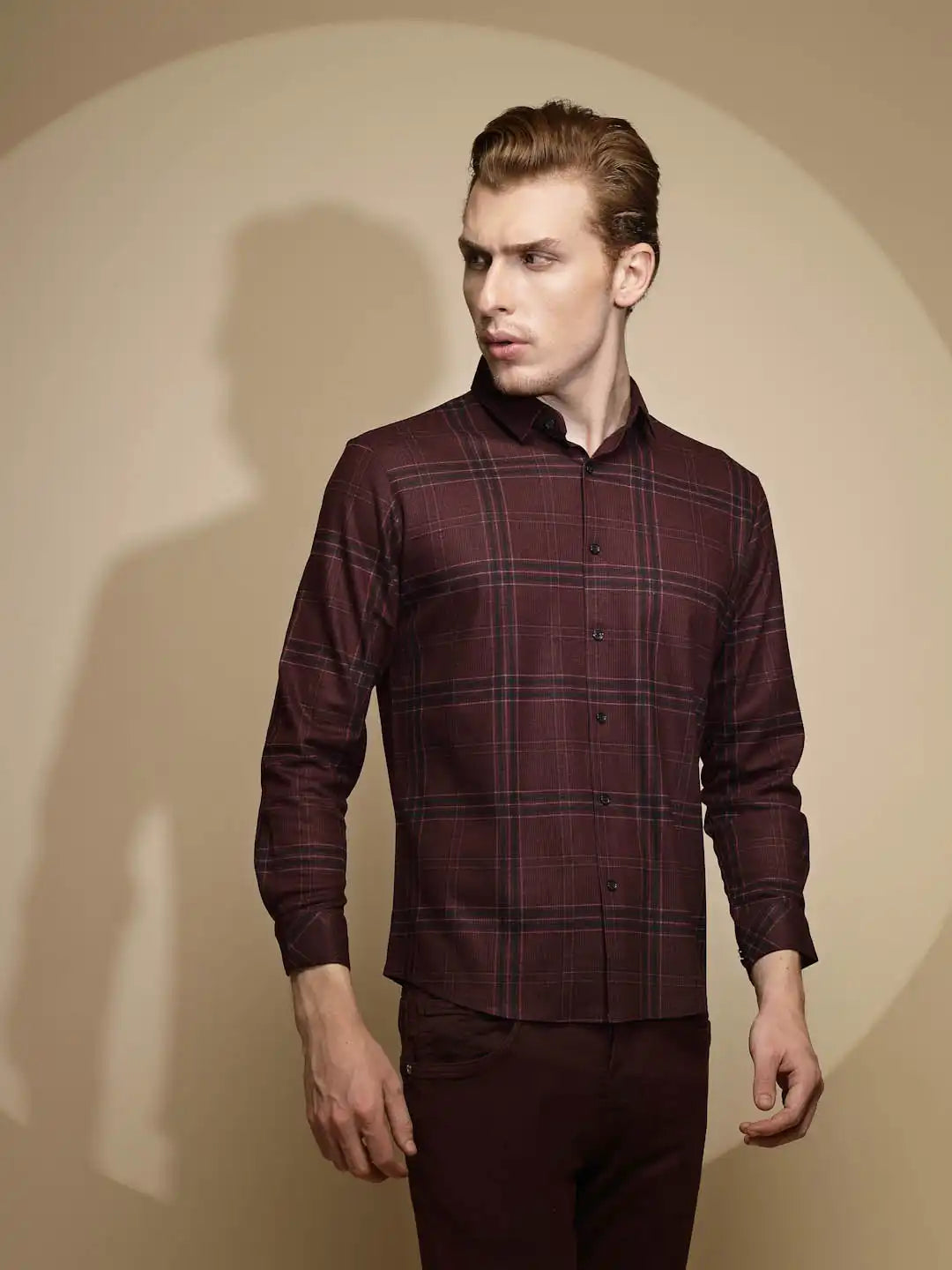 Wine Full Sleeve Collared Neck Check Shirt