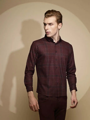 Wine Full Sleeve Collared Neck Check Shirt