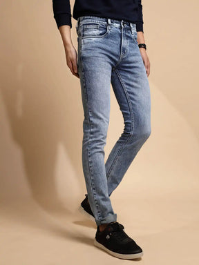 Light Blue Solid Mid Rise Cotton Blend Slim Fit Jeans