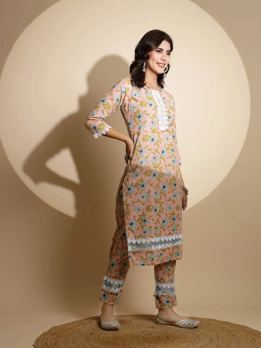 Peach Embellished Print Three Fourth Sleeve Cotton Kurta Set - Global Republic