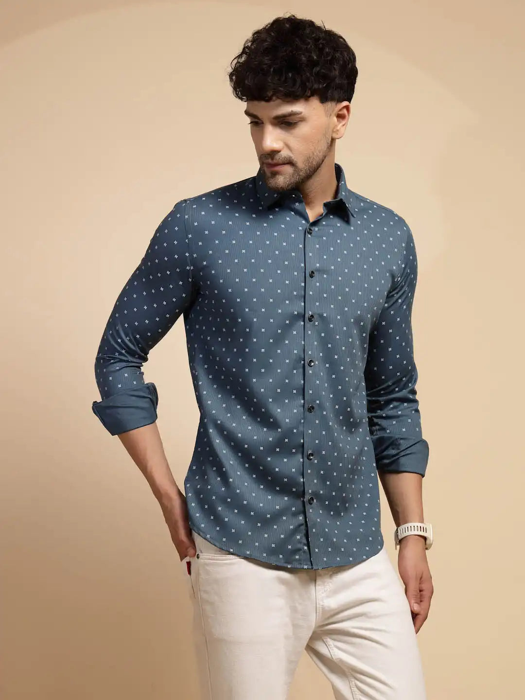 Blue Printed Full Sleeve Collared Neck  Shirt - Global Republic