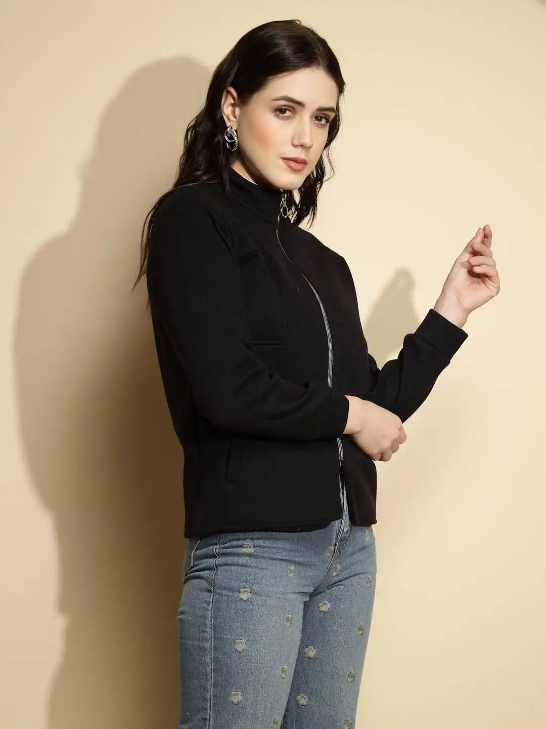Black Solid Full Sleeve Turtle Neck Fleece Sweatshirt - Global Republic