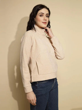 Beige Solid Full Sleeve Turtle Neck Fleece Sweatshirt