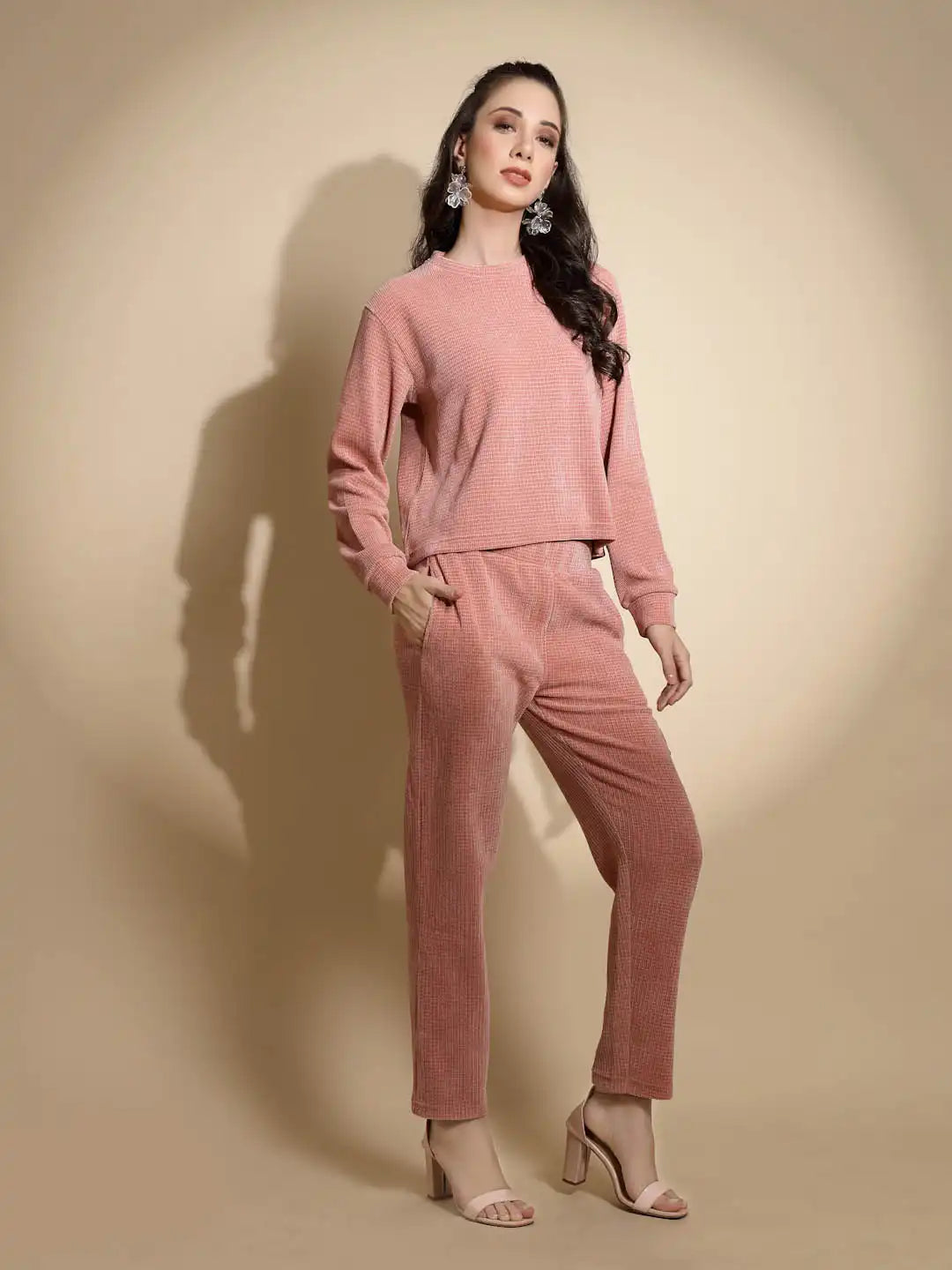 Dusty Pink Solid Full Sleeve Round Neck Cotton Blend Co-ord Set