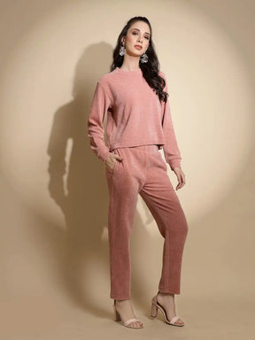Dusty Pink Solid Full Sleeve Round Neck Hosiery Co-ord Sets