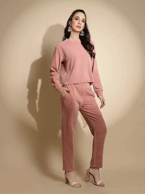 Dusty Pink Solid Full Sleeve Round Neck Hosiery Co-ord Set