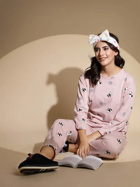 Pink Hosiery Full Sleeve Printed Top & Pyjama Night Suit Set