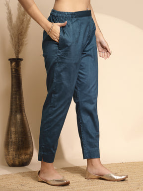 Blue Solid Woolen Blend High Rise Regular fit Pants For Women