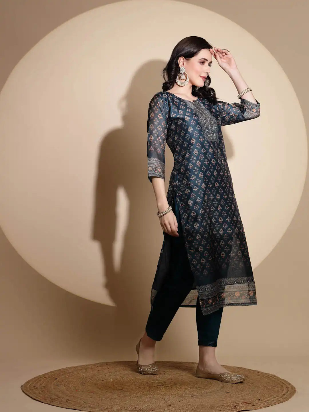 Blue Embroidery Print Three Fourth Sleeve Cotton Kurta Set