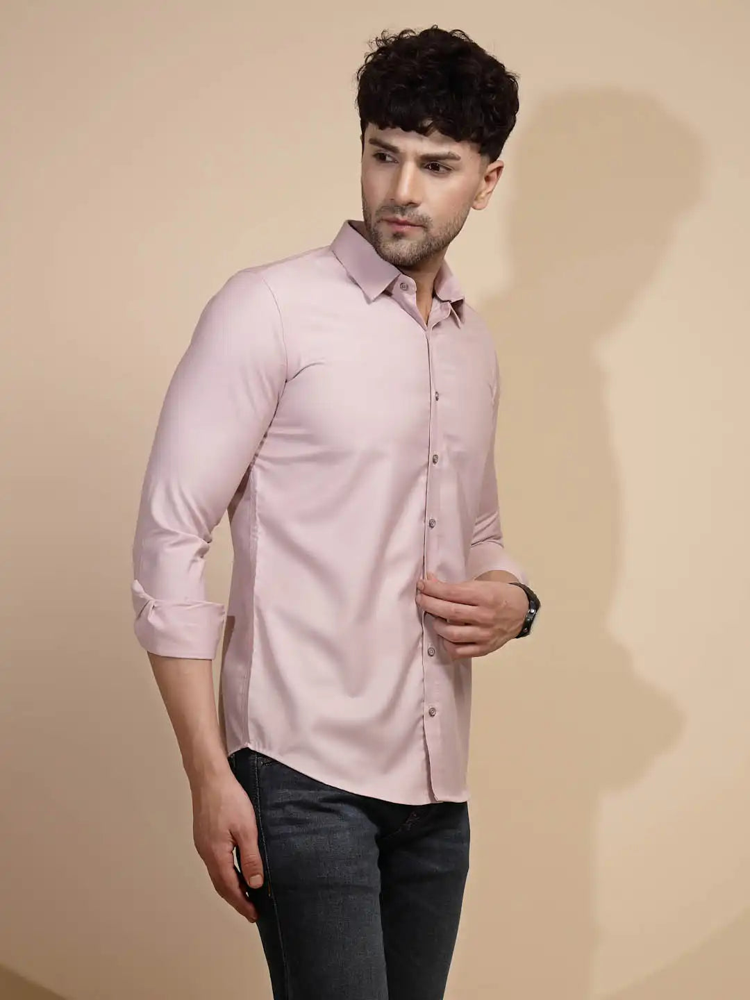 Pink Solid Full Sleeve Collared Neck Cotton Blend Shirt - Global Republic