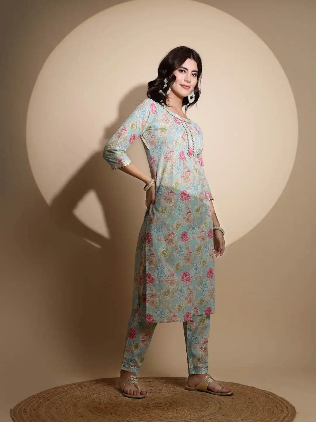 Blue Floral Printed Cotton Kurta Set - Global Republic