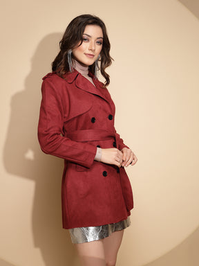 Women Maroon Solid Collared Neck Full Sleeve Wool Blend Coat