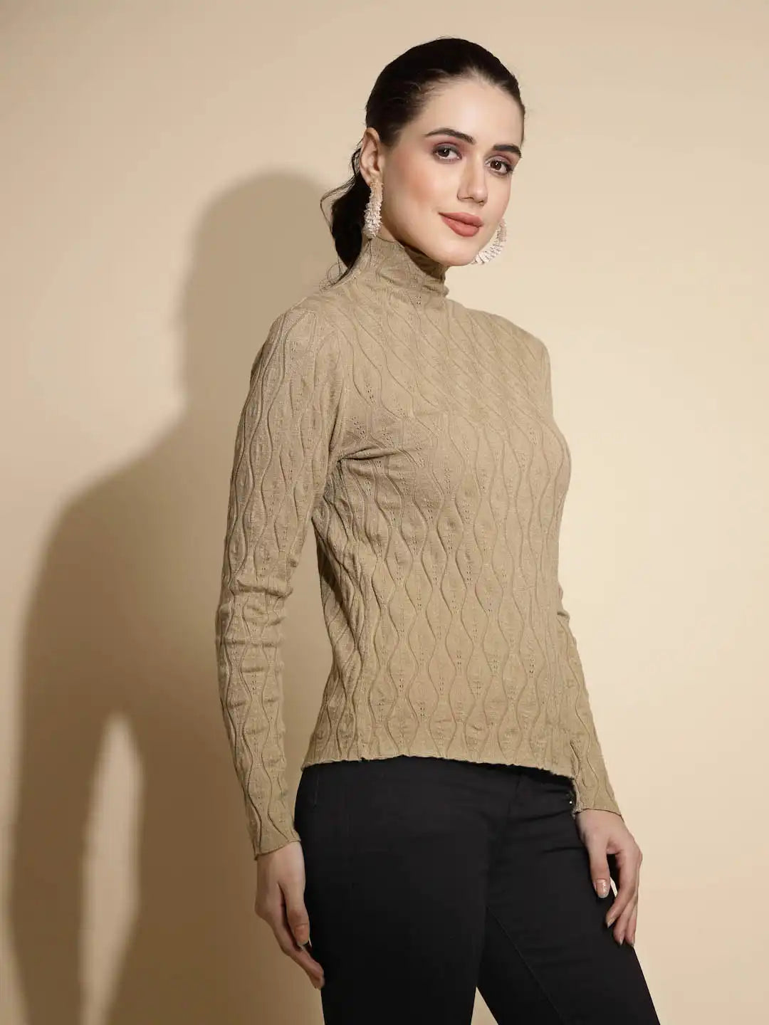 Brown Solid Full Sleeve Turtle Neck Knitted Skeevi
