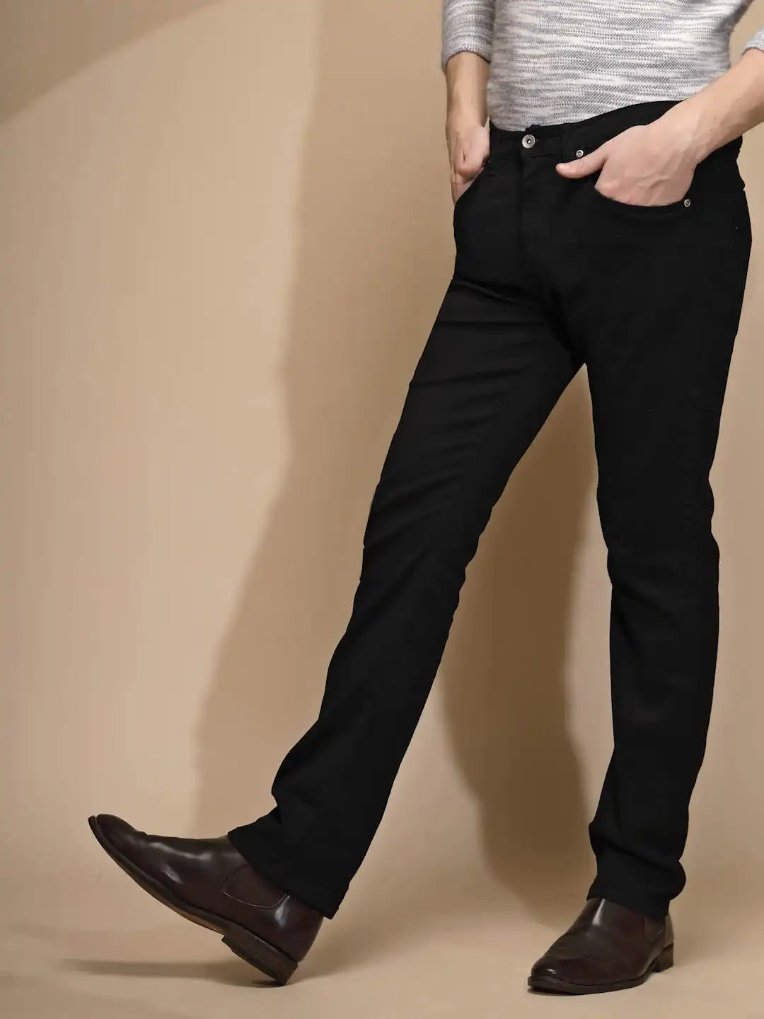 Solid Black Stretchable Mid Rise Straight Fit Cotton Blend Jeans - Global Republic