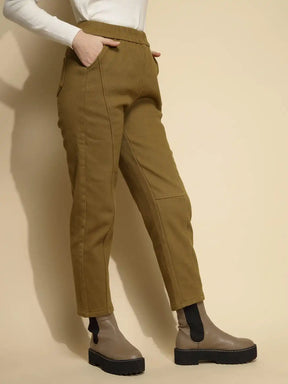Solid Brown Solid Cotton Mid Rise Ankle Length Trouser