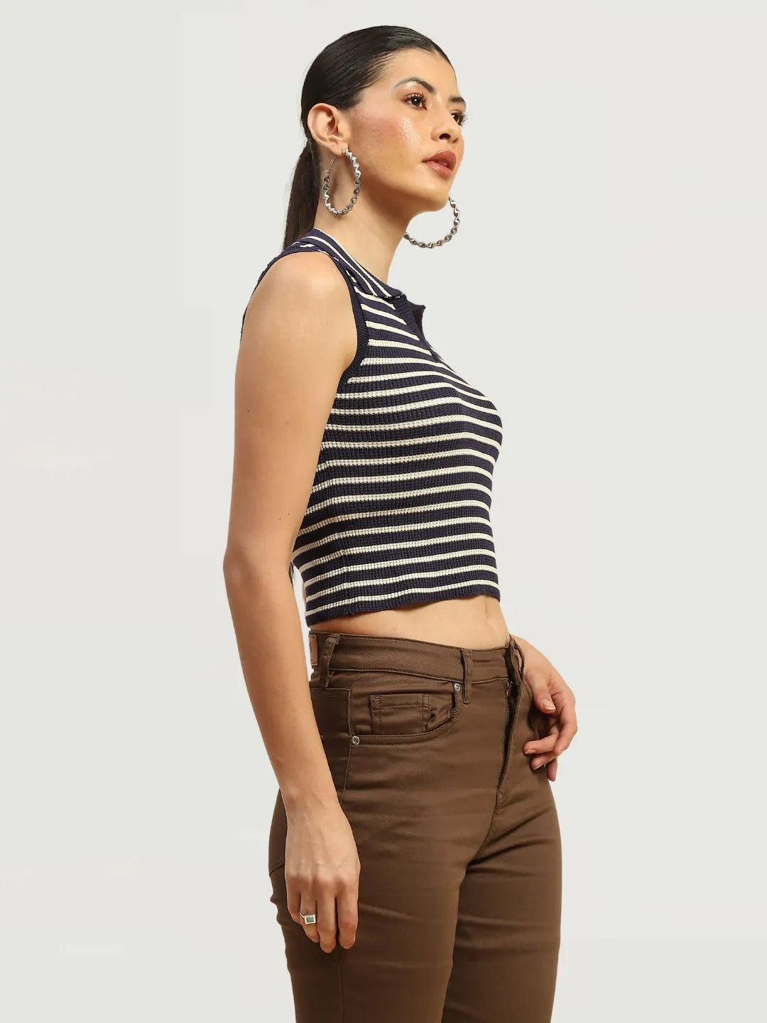 Navy Viscose Striped Slim Crop Top - Global Republic