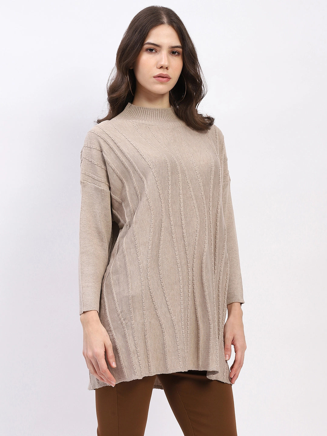 Textured High Neck Tunic Pullover