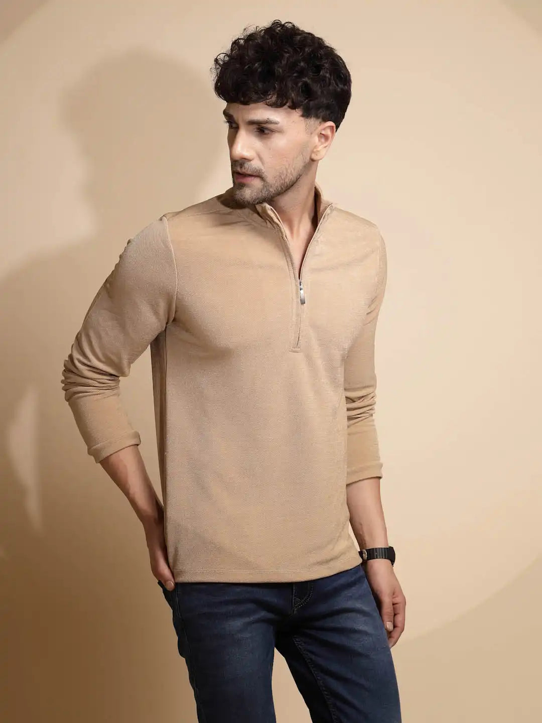 Beige Solid Full Sleeve Collared Neck Polyester T-Shirt