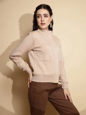 Beige Solid Full Sleeve Turtle Neck Acrylic Sweatshirt