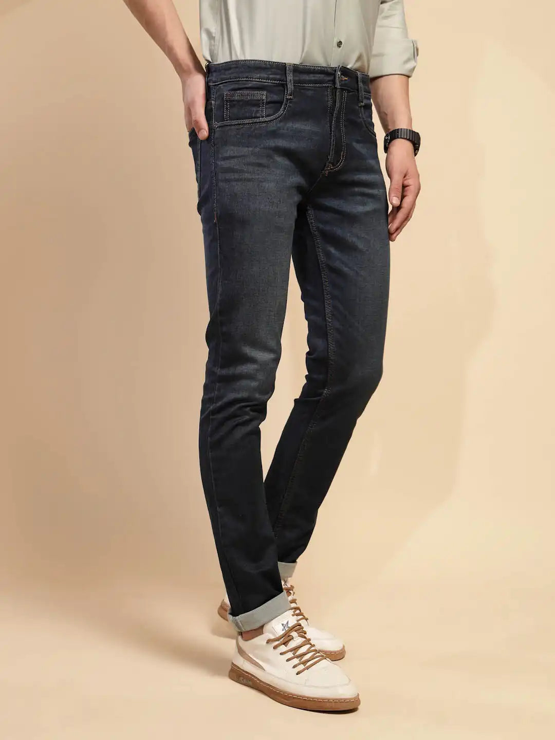 Tint Blue Solid Mid Rise Denim Cuffing Jeans - Global Republic