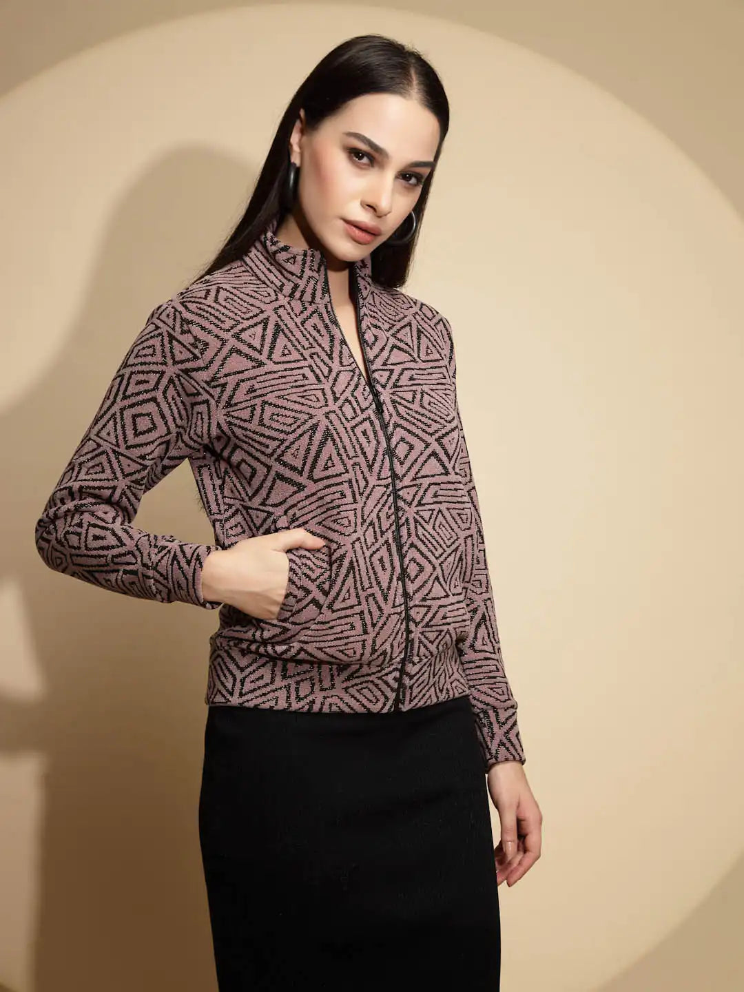 Dark Brown Geometric Print Full Sleeve Turtle Neck Acrylic Sweatshirt - Global Republic