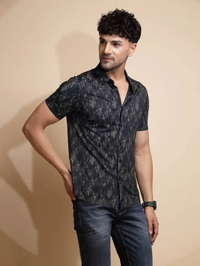 Black Printed Half Sleeve Collared Neck Cotton Shirt
